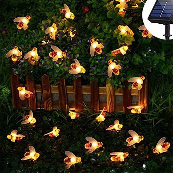 

solar powered cute honey bee led string fairy light 20leds 50leds bee outdoor garden fence patio christmas garland lights