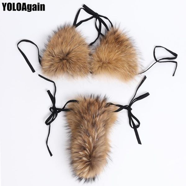 

yoloagain women natural fur bikini bra lady real fur bikini set detachable