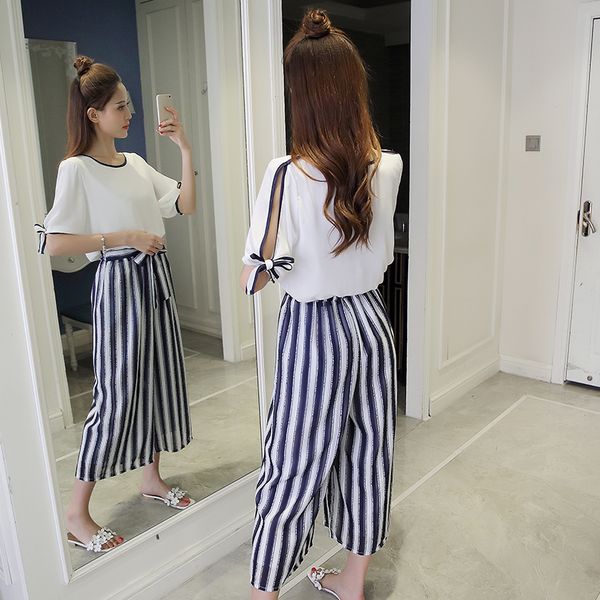 

chic summer women chiffon shirt vacation holiday suit stripe wide-leg pants two-piece set, White