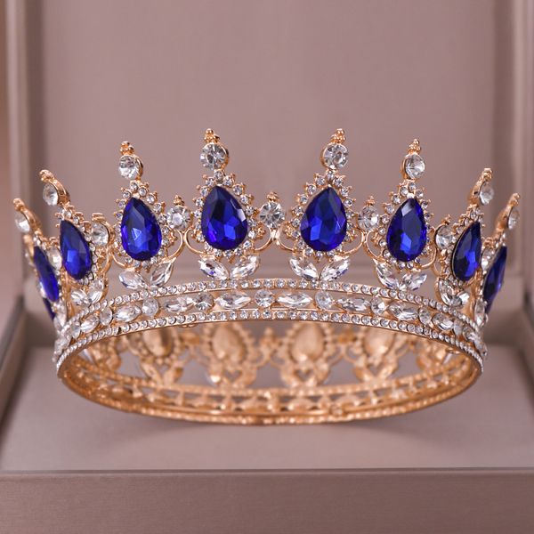 

blue crystal crown tiara bridal hair accessories rhinestone crystal round crown headband for women queen diadem king crown gift, Golden;white