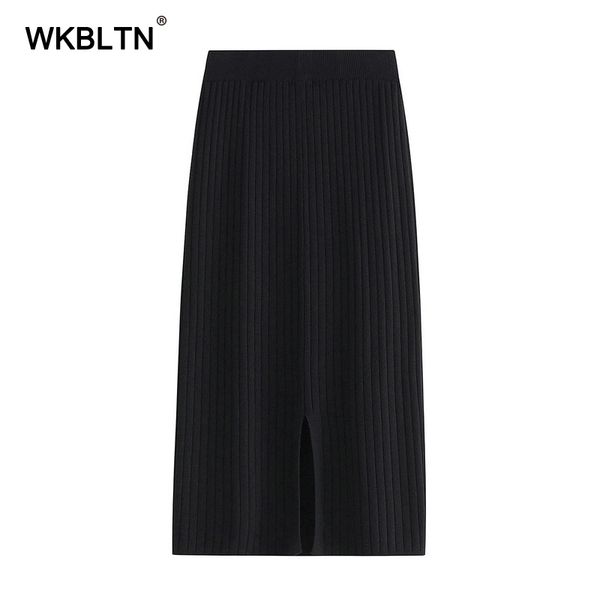 

split knitted half length elastic skirt high waist pleated solid color women skirt 2020 spring autumn vintage midi skirt, Black