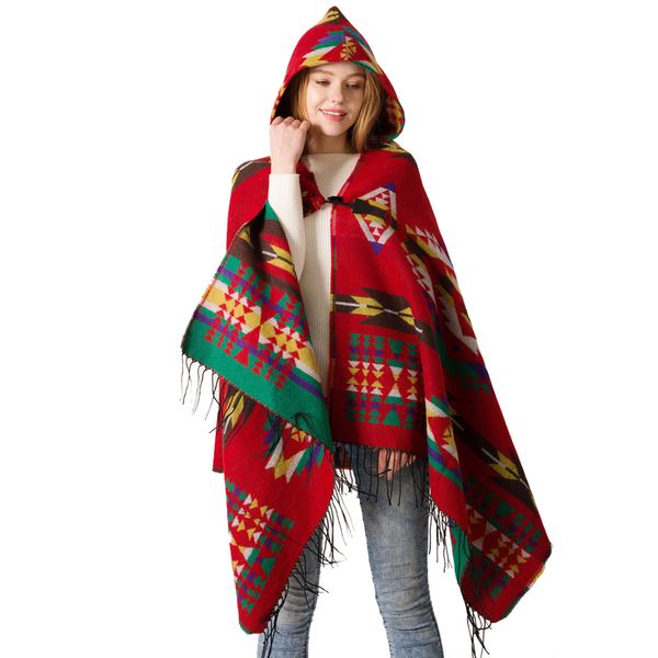 

2019 autumn winter hooded knitted women sweater buckle cape shawl, Black