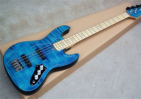 

синяя электрическая бас-гитара с прозрачной накладкой, 4 струны, пламенный клен, хромированная фурнитура, предлагающая индивидуальные услуги