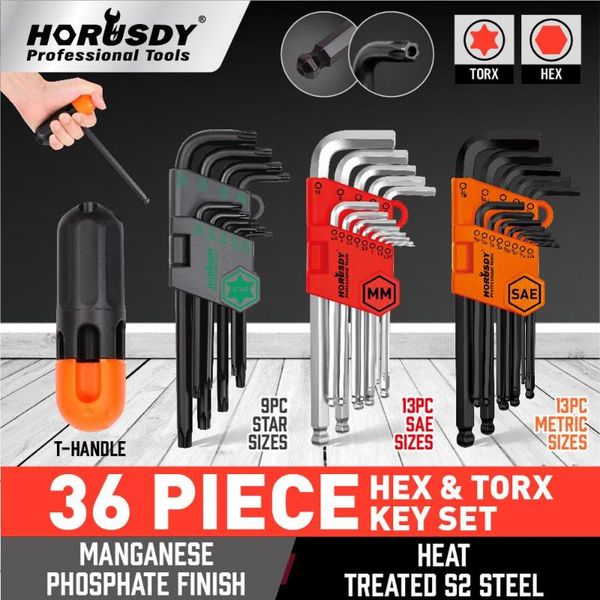 

horusdy allen wrench set, hex key set long arm ball end hex wrench set, inch/metric/torx t handle allen set