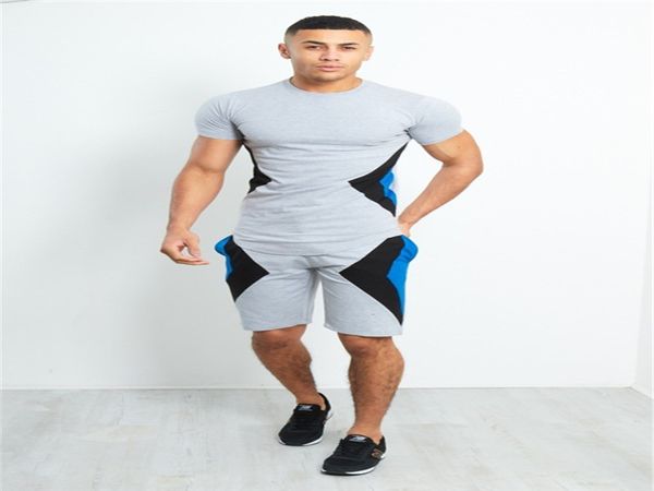 

2020 mens tracksuits joggersuits short pants sport short sleeve panellled casual 2pcs set contrast color suit, Gray
