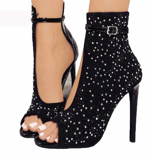 

xingdeng girls wedding party rhinestone high heels sandals shoes women buckle ankle strap peep toe thin heels dress shoes, Black