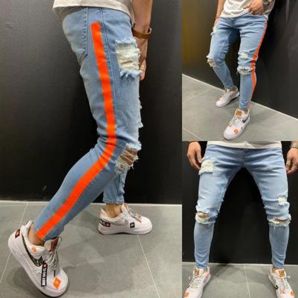 

luxury men's 2018 men's hole feet jeans stretch jeans side printing new locomotive men's hip hop trousers tide