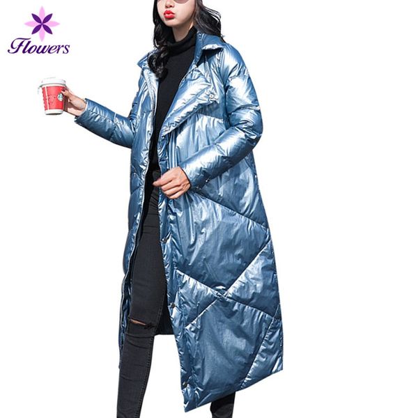 

winter down jacket women long coat plus size over the knee new fashion korean bright thick warm white duck down parka female, Black