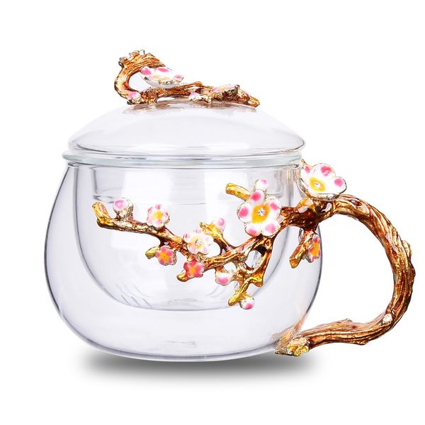 

creative enamel colour glass cup water cups heat resistant thickening with lid separating filtration flower tea cup wedding gift