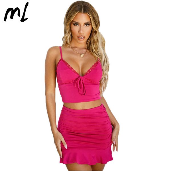 

two piece set summer women v-neck crop high waist ruffles sleeveless skirt set halter lace slim matching clothes sets, White