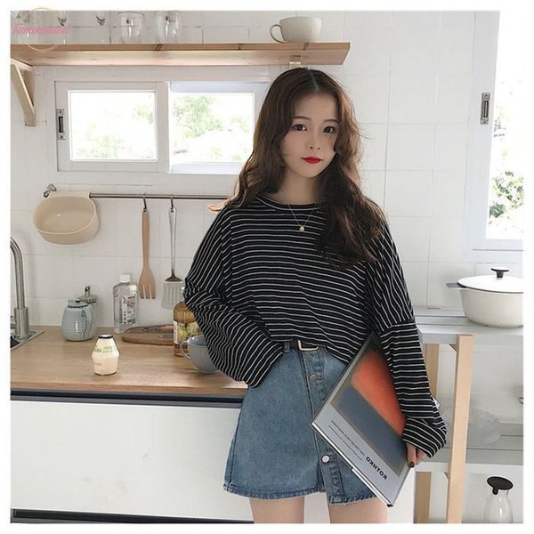 

casual shirt women long sleeve fall striped streetwear roupas feminina korean clothes plus size white black tee clothing