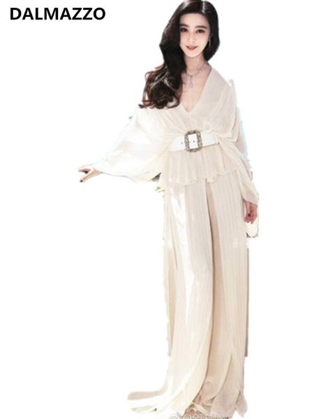 

2020 designer women runway sashes white chiffon suits pullovers + long pants 2 pieces sets clothing, Gray