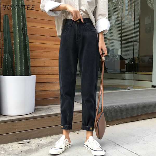 

jeans women 2019 new leisure loose harem ankle-length womens jean korean style all-match simple button student trendy daily, Blue