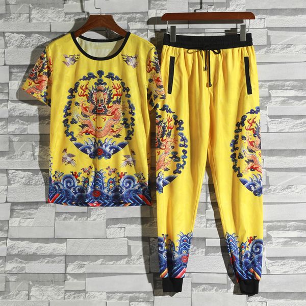 

2020 summer men tracksuit mens sportswears chinese style t shirt + pants man o-neck beach tee shirts sets male print sweatsuits, Gray