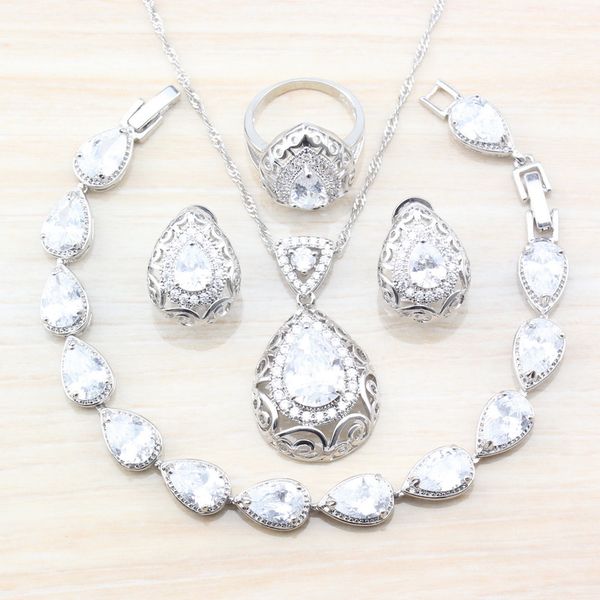 

2019 new design hollow water drop white zircon 925 sterling silver jewelry sets for women wedding costume t55, Slivery;golden