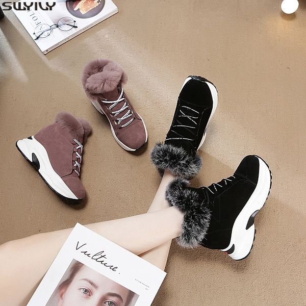 

swyivy chaussures nubuck wedge shoes women winter boots fashion 2019 plush ankle boots for women height increased solid booties, Black