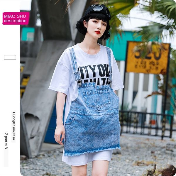 

2020 women's ins loose medium and long denim color contrast stitching fake two-piece type t-shirt t-shirt short-sleeved top, White