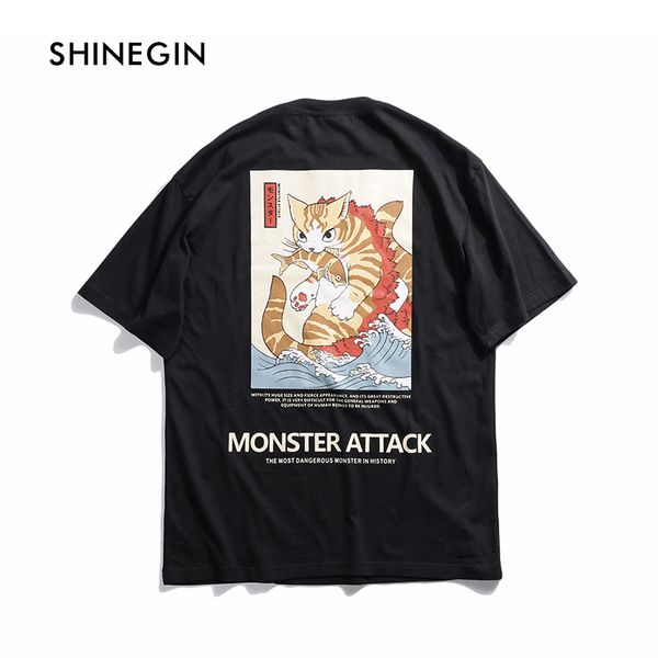 

ukiyo cat e printed tshirt monster attack men's letter t-shirt streetwear 2019 harajuku hip hop casual tees by shinegin, White;black
