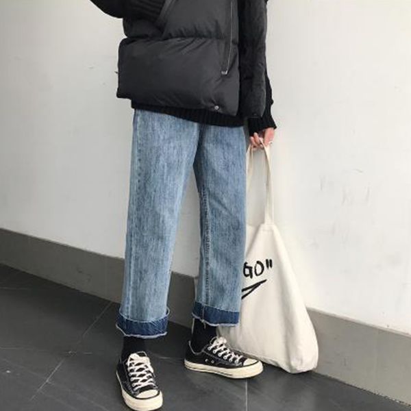 

мужчины винтажная мода свободные прямые джинсы мужские джинсы шаровары lovers student брюками, Blue