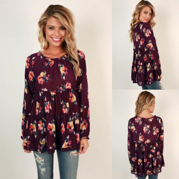 

2017 women blouse floral print casual loose high waist pullover o-neck long sleeve autumn winter chiffon shirts, White
