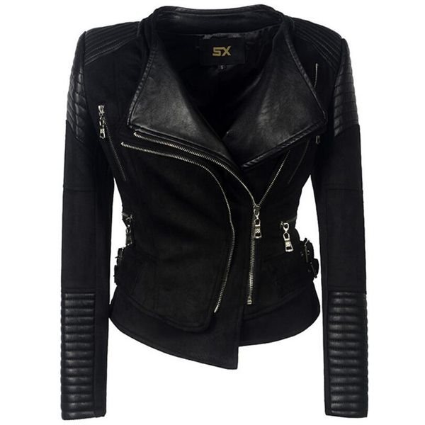 

women's leather & faux european american style lapel zipper jacket women deerskin pu stitching jackets coats punk streetwear ladies clo, Black
