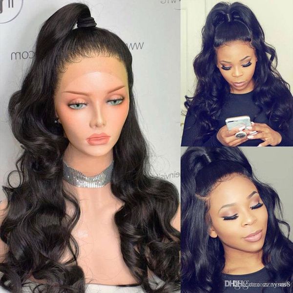 

13 * 5 фронта шнурка человеческих волос парики pre щипковых hairline бразильский объемная волна кружева фронтальная парик с волосами младенц, Black