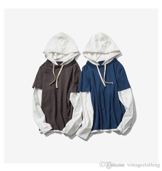 

mens spring autumn contrast color solid pactwork hoodies casual hoodies loose preppy pullover male sweatshirts, Black