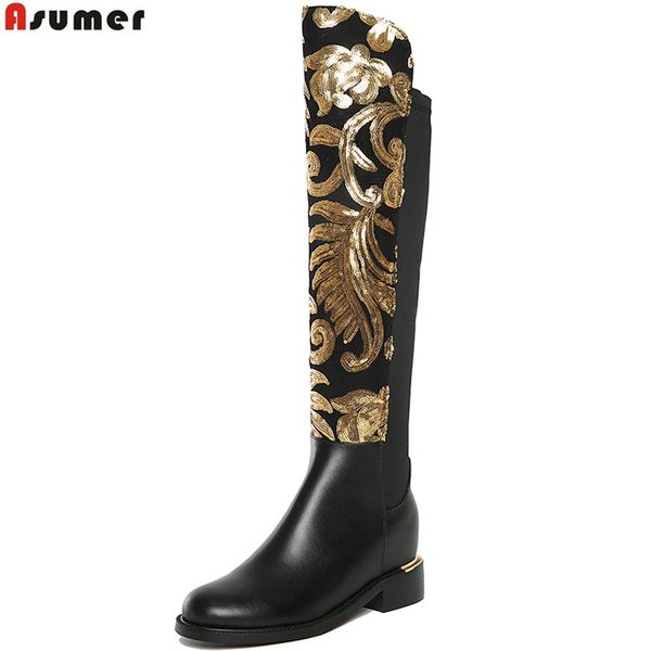 

asumer black winter genuine leather boots women knee high boots height increasing stretch cloth fashion shoes woman