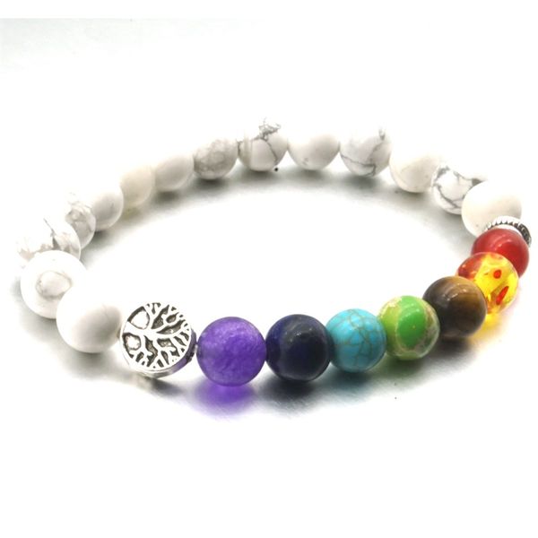 Árvore de vida 8mm sete chakras pulseiras brancas turquesa pedra contas encantos pulseira elástica rezar jóias de cordas de mão frisada