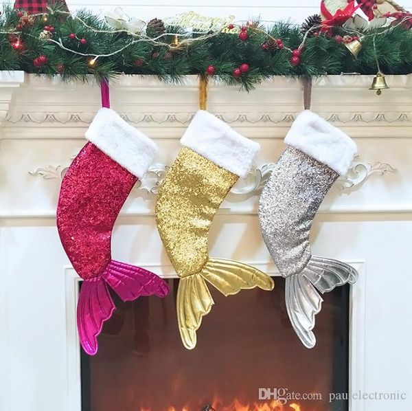 

sequin mermaid tail christmas stockings gift wrap kids candy bag christmas tree ornament home party decorations large size xmas gifts bag, Silver