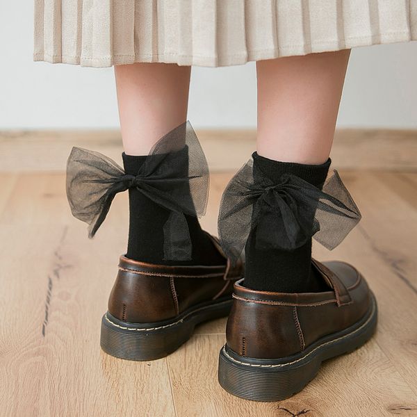 

cotton bow-knot kawaii children autumn lady female sweet lovely soft college wind medium socks, Black;white