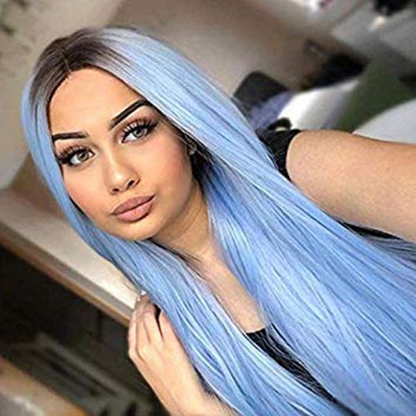 

26in 150%density middle part short dark roots ombre blude long straight synthetic glueless lace wig woman, Black