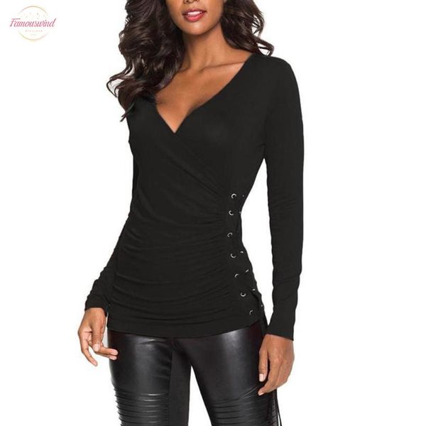 

2020 womens and blouses vintage wrap up v neck long sleeve tunic slim tee shirt womens clothing blusas feminina, White