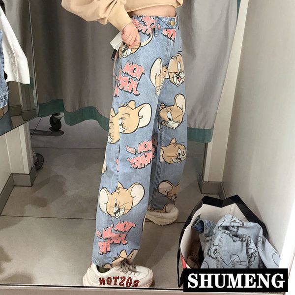 

женские джинсы с высокой талией свободные прямые брюки 2020 новая мода корейский стиль мультфильм печатных молния повседневные женские длинн, Blue