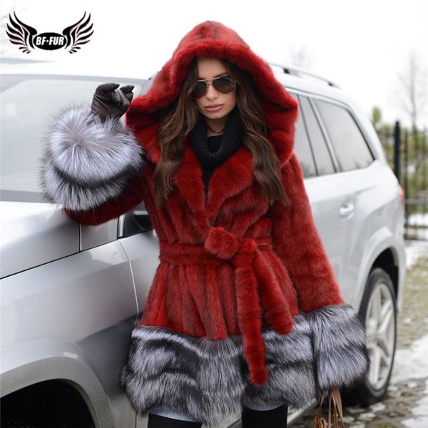

women fashion genuine coat with big hood luxury red natural coat real with sliver fur bottom and collar, Black