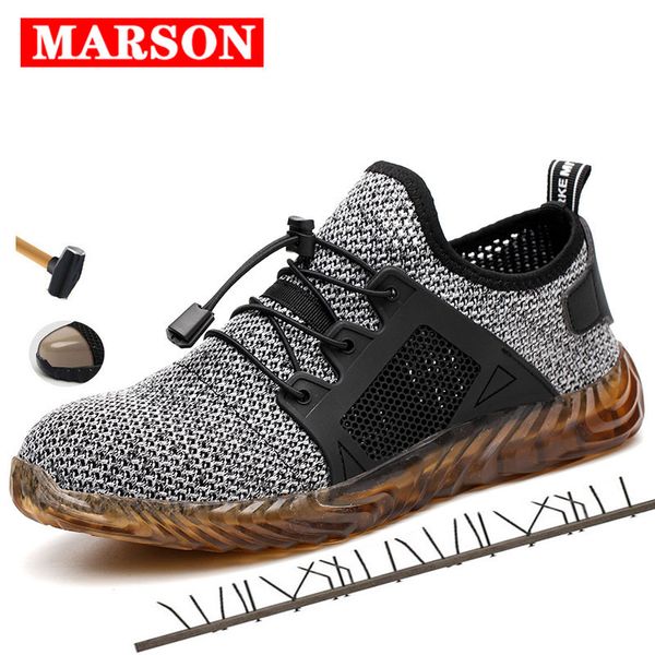 

marson men breathable mesh safety shoes men's light sneaker indestructible steel toe soft anti-piercing work boots plus size, Black