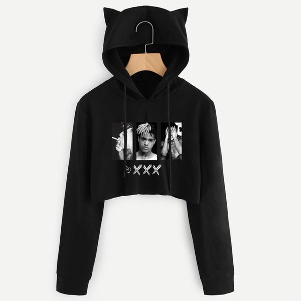 

xxxtentacion с длинным рукавом обрезанные толстовки толстовка женщины sexy fashion cat с капюшоном пуловер crop прохладный повседневная одеж, Black