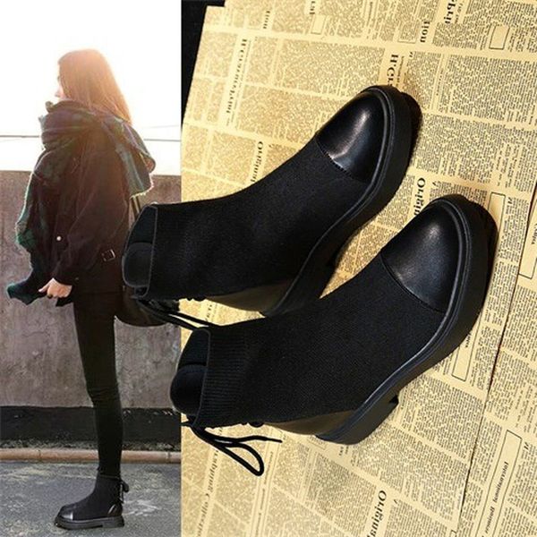 

lzj women's solid color square heel lace suede boots round head with snow boots round head shoes new listing zapatos de mujer, Black