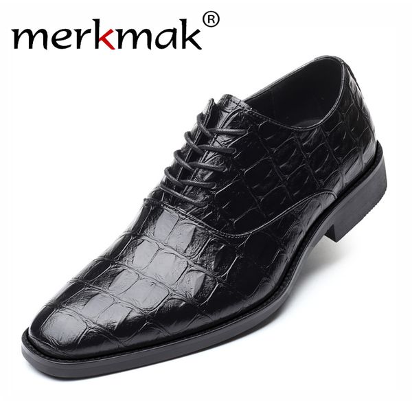 

merkmak fashion men dress shoes pointed toe crocodile pattern business formal leather shoe big size 38-47 party wedding footwear, Black