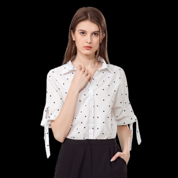 

new summer loose bow sleeve office lady shirt vintage classic shirt famale collar polka dot loose casual cotton women blouse, White