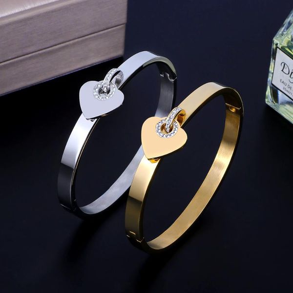

luxury stainless steel women bangles gold fashion heart rhinestones bangle bracelet for wedding anniversary gift, Black