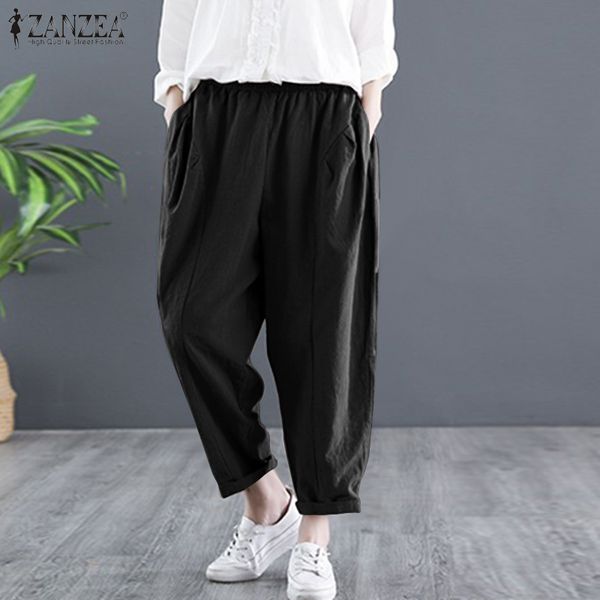 

2020 zanzea summer harem pants women solid elastic waist vintage cotton linen turnip pantalon long trousers streetwear plus size, Black;white