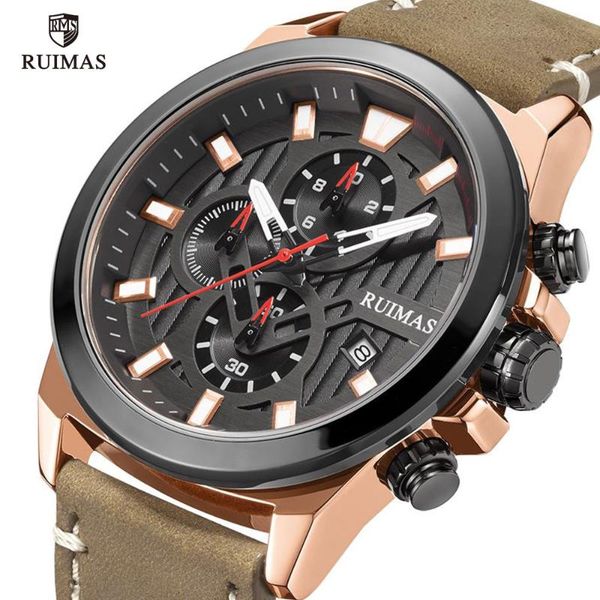 

ruimas casual sport watches men leather quartz watch man chronograph wristwatch relogio masculino 582, Slivery;brown