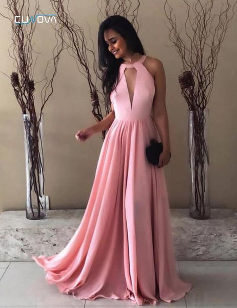 

a-line halter pink long prom dresses 2019 fashion off shoulder chiffon women formal evening gown a line dresses custom made, White;black