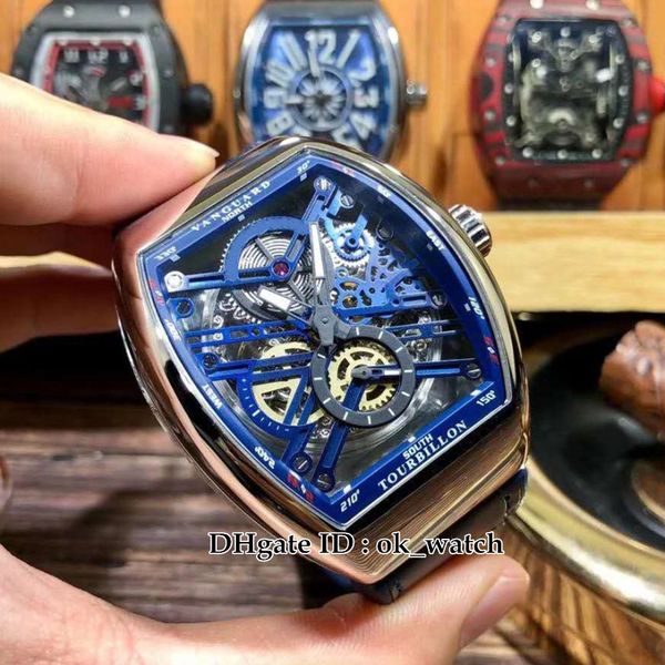 

new tourbillon vanguard v 45 s6 sqt automatic men's watch skeleton blue dial blue leather rubber strap men's collection gents spor, Slivery;brown