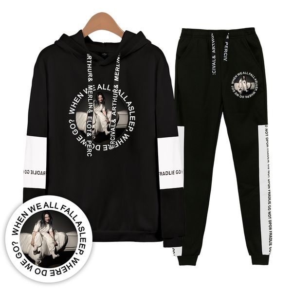 

2019 fashion print billie eilish hoodies sweatshirts women/men sweatshirt+sweatpants 2 piece set sports women's leisure clothing, White