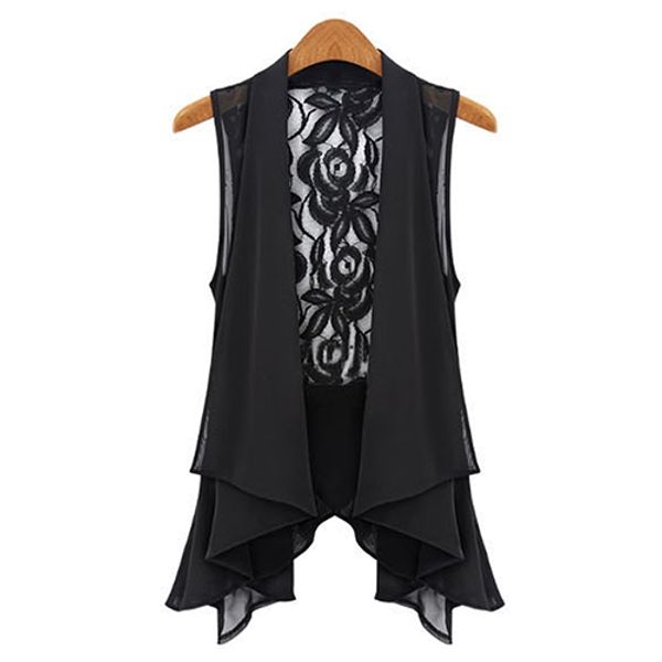 

женщины летняя мода средний жилет кружева обратно без рукавов плиссированные подол блузка куртка, Black;white