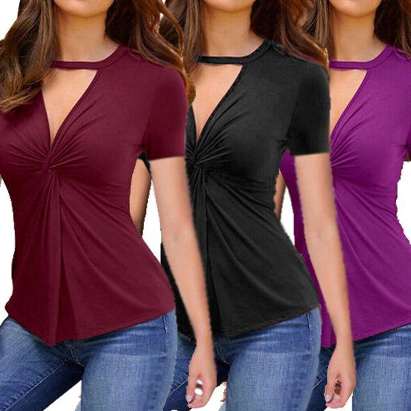 

2019 new style solid women's short sleeve v-neck hem loose casual tee t-shirt summer tunic new, White
