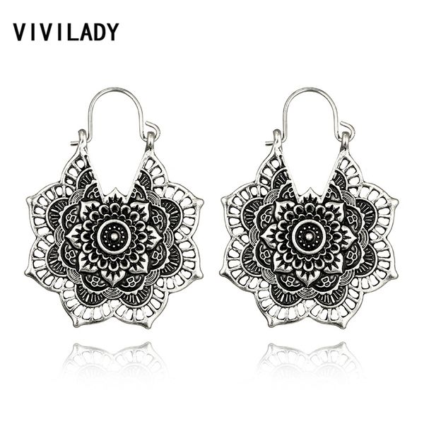 

vivilady ethnic vintage lotus flower hoop earrings women femme retro gold silver color alloy boho jewelry bijoux gifts, Golden;silver
