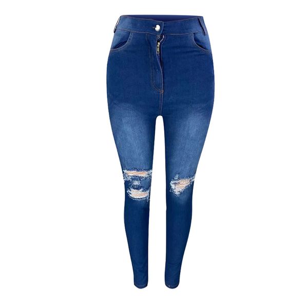 

western style fashion plus size for women solid color casual jeans washed hole stretch slim ripped jeans on women large size 2xl, Blue